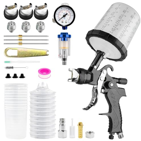 HVLP Fließbecher Lackierpistole Spritzpistole, Premium-Kit mit 1,4/1,7/2,0 mm Düsen & Luftdruckregler und 10 Stück 650ML Mischbecher Farbsprühgerät für den Automobilbereich (Schwarz)