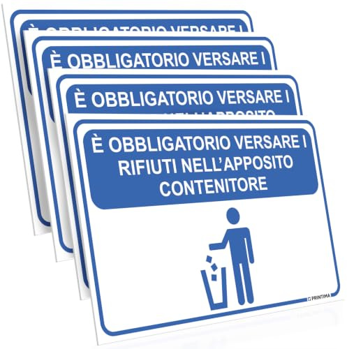 PRINTIMA 32x21 cm set 4 cartelli obbligo versare i rifiuti nell’apposito contenitore, segnaletica blu con pittogramma, per interni ed esterni con set di montaggio incluso