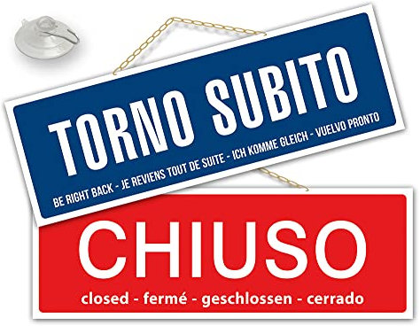 Maxi Cartello CHIUSO e TORNO SUBITO negozio vetrina studio laboratorio officina bottega (rosso/blu)