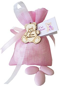 chance 24 Sacchetti Organza + 24 Decorazioni Legno Battesimo Orsetto + NASTRINO + BIGL (Rosa)