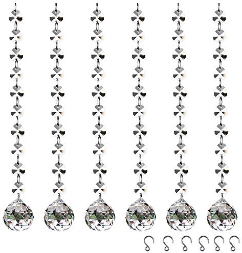 JaneYi (6 Pièces) 30mm Boule de Cristal Claire Pendentif Arc-en-Ciel Cristal de Verre Hang-Gouttes Prisme Attrape-Soleil avec Perles Octogone et Mini-Crochets pour Lustre Fenêtre Jardin Noël Mariage