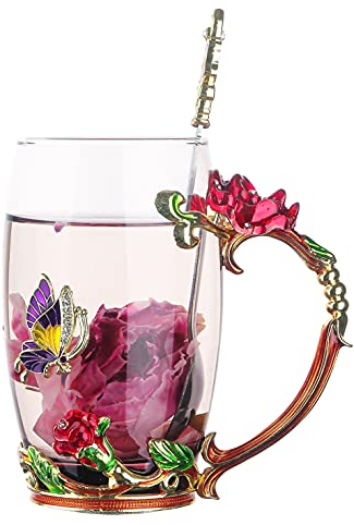 HUISHENG Enamels Butterfly Flower Tea Cup Sets, Glass Coffee Mugs, Valentines Christmas Birthday Graduation, Women Wife Her Mum Grandma Teacher Friend Present