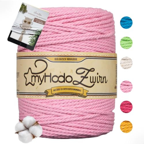 myHodo Premium Makramee Garn Rosa, Oeko-TEX Zertifizierte Baumwolle, 100% Plastikfreie Verpackung, Weich & Strapazierfähig, Ideal für Wanddeko und DIY Accessoires (3mm x 100m)
