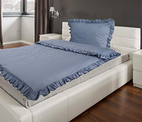 MB Warenhandel24 2-Teilige hochwertige Renforcé-Bettwäsche RÜSCHEN Blau 1x 135x200 Bettbezug + 1x 80x80 Kissenbezug