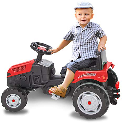 JAMARA 460796 - Tractor a Pedales Strong Bull - Protección antivuelco, accionamiento Mediante pedaleos, Sistema de Volante Suave, Asiento Ajustable, bocina, Enganche de Remolque, Peso máximo 60 kg