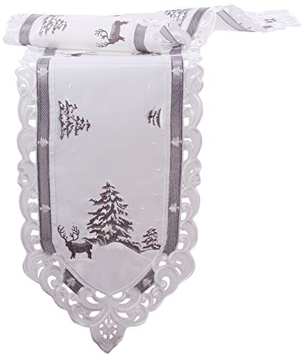 Quinnyshop Weihnachtstischband - Bestickt mit Hirsch und Tanne Motiv Leinenoptik Polyester Grau-Weiß ca. 28 x 160 cm