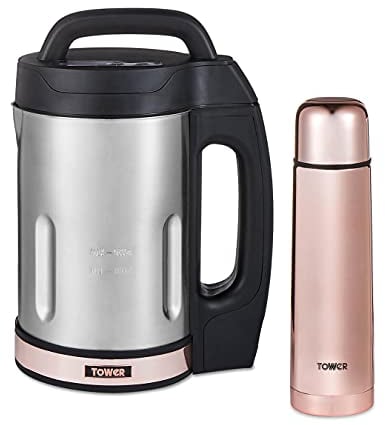 Tower T12055RG Soup & Smoothie Maker with Intelligent Control System and Stainless Steel Jug and Blade, Includes 500ml Flask, 1000W, 1.6 Litre, Rose Gold