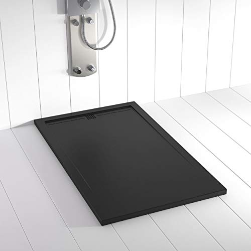 Shower Online Piatto doccia in resina FLOW - 70x80 - Texture in ardesia - Antiscivolo - Tutte le misure disponibili - Include griglia Colore Nero e piletta - Nero RAL 9005