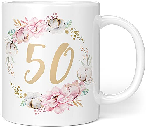 Regalo taza de cumpleaños 50 mujer – Idea de regalo para 50 cumpleaños – Regalo de cumpleaños para mujeres flores (para el 50 cumpleaños)