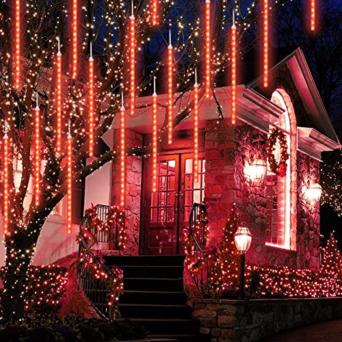 CGUOZI Meteor - Luces de lluvia LED para ducha, impermeables, gotas de hielo, nieve, cae de lluvia, cascada, para fiestas, bodas, jardín, árbol de Navidad 30cm 8 Tubes 192 LEDS Rojo