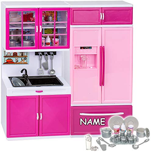 alles-meine.de GmbH Puppenhaus Möbel - Sound & Licht - 31 cm groß - großer Kühlschrank mit Eiswürfelspender/Gefrierschrank + Spüle + Vorratsschank - inkl. Name - Miniatur für P..