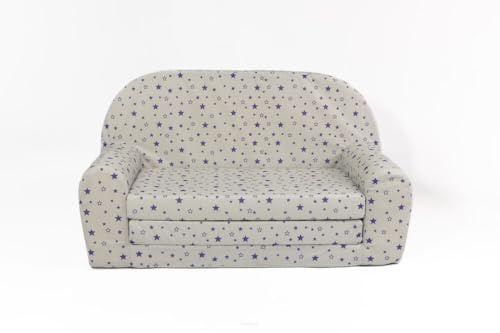 FORTISLINE Kindersofa MINI ausklappbar 78 x 40 x 45 cm - Kindercouch aus Mikrofaser mit Liegefläche 104 cm, abnehmbarem waschbarem Bezug, Oeko-TEX Standard 100, Weiss Sterne Blau