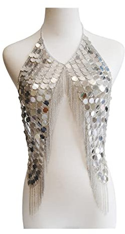 QINGGANGLING999 Body Chains Sexy Metal Sequins Tassel Harness Necklace Bra Chain Women Jewelry Bikini Metal Alloy Body Chain Body Link (Metal color : Silver color)