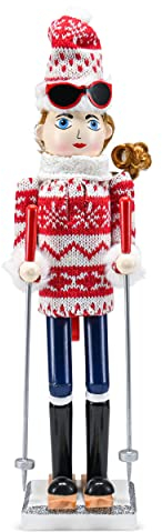 Ornativity Weihnachtsfrau Skifahrer Nussknacker - Rot und Weiß Holz Figur Mit Hässlichem Pullover und Skistöcken in Skifahren Pose - Xmas Themed Urlaub Puppe Dekorationen