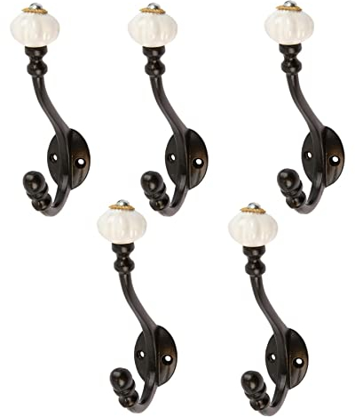 Hammer and Tongs 5X Black 30mm x 140mm Ceramic Flower Hat & Coat Hook - Cast Iron Vintage Antique Wall Mounted Hanger