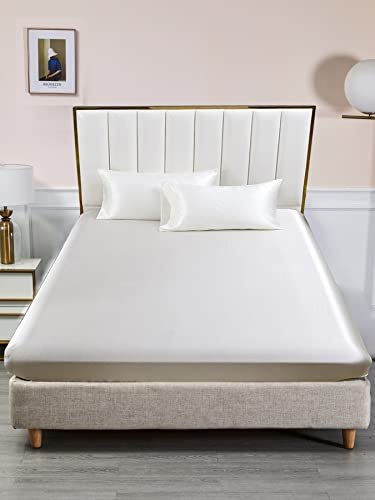 Spannbettlaken 140x200 Beige Creme Boxspringbett Satin Bettlaken Glänzend Seide Spannbetttuch Uni Muster Hochwertiges Spannleintuch für Hohe Matratze bis 25-30 cm