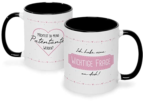 Bedruckte Tasse mit Spruch - Ich habe eine wichtige Frage an dich - Witzige Anfrage an Patentante oder Patenonkel - Geschenk für Paten zur Geburt Weihnachten - Farbe: Patentante - Schwarz & Weiß