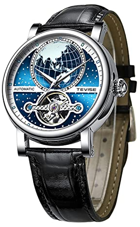 Tourbillon - Reloj automático luminoso para hombre, resistente al agua, de cuero, doble hora, para escritura, negocios, moda, azul, Correa