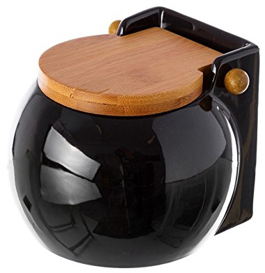 PLUS HOME Salero de Cocina de Cerámica con Tapa Diseños Originales.(NEGRO)(13X12X11CM)