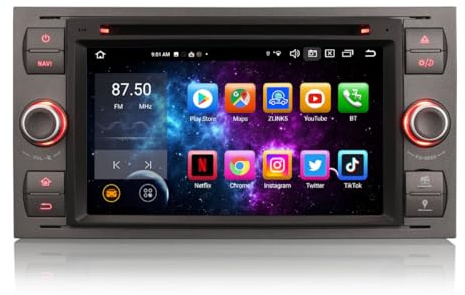 GONFEN Acht-Kern 4GB + 64GB Android 14 Autoradio Navi Für Ford Mondeo C/S-Max Focus Fiesta Fusion Galaxy Kuga Transit Connect mit GPS CarPlay Android AUTO DSP DVD WiFi Bluetooth 5.0 DAB+ OBD2 TPMS SWC