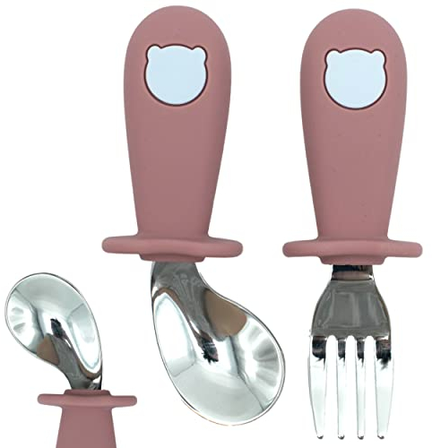 ERNESTINE - Couverts bébé ergonomiques en silicone alimentaire et acier inoxydable - couverts bébé apprentissage diversification alimentaire dme - cuillère fourchette bébé souple alimentation enfant