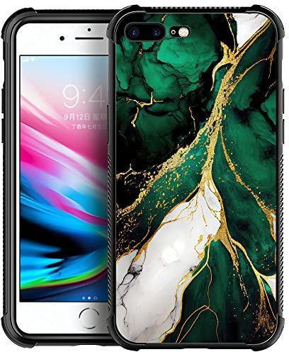 DJSOK Schutzhülle für iPhone 7 / 8 Plus, Design mit Muster, kratzfest, verstärkte Ecken, weiches TPU, für Damen und Herren, luxuriös, Grün / Gold, Marmor