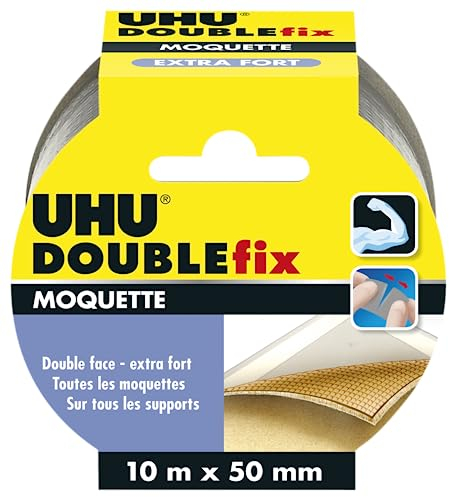 UHU Doublefix - Ruban adhésif double face extra fort pour les moquettes et tapis, ruban de 10m x 50mm