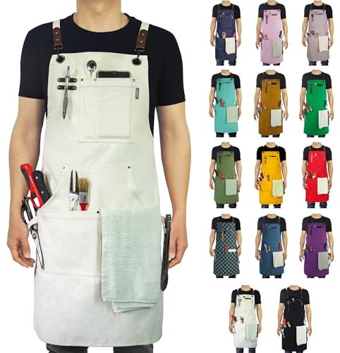 Stenffy Kitchen Apron, Work Apron, Canvas, Multiple Pockets, Gardening, Painting, BBQ, Carpenter, Sizes M to XXL, White