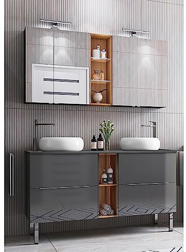 Lomadox Bad Waschplatz Set, Waschtisch stehend, in Hochglanz grau mit Wotan Eiche Nb., B/H/T ca. 141/200/46,1 cm