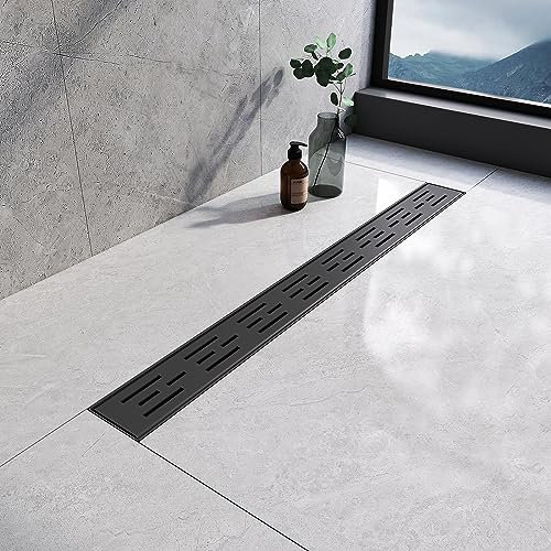 EMKE Linearer Duschablauf 700 mm, 304 Edelstahl, Langer unsichtbarer Duschbodenablauf mit Geruchsstop und Haarsieb, Nassraumablauf für Küche, Bad und Waschraum - Mattschwarz