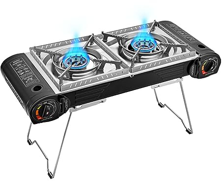 PRUJOY Réchaud portatif à Double brûleur au Butane en Acier allié léger pour Le Camping, Les activités de terrasse, avec Valise