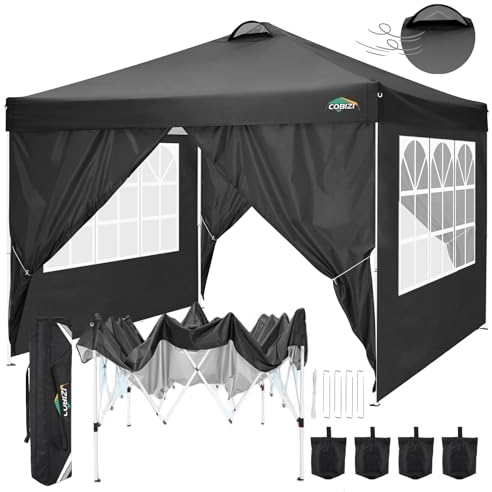 COBIZI Tonnelle De Jardin 3 X 3 M Tonnelle Pliante Tente RéCeption，Barnum Pliant 3x3 with 4 Removeable Sidewalls, à Hauteur RéGlable pour FêTe Marriage Les ActivitéS Commerciales,Noir