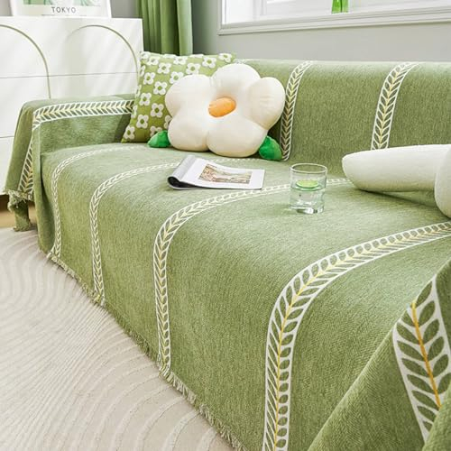 Mesnt Sofabezug 4 Sitzer Big Sofa, Grün Couchschutz für Haustiere mit Blattranken mit Fransen aus Chenille, 180x380cm
