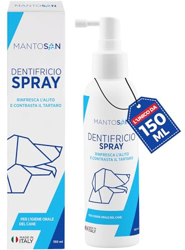 Mantosan Dentifricio Spray per Cani 150ml per Pulizia Denti Gengive Tartaro Alitosi con Clorexidina Olio di Neem Menta Rinfresca Alito Contrasta Tartaro Lenisce Gengive Igiene Orale Senza Risciacquo