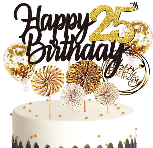 Feelairy Tortendeko Happy Birthday Gold Kuchendeko 25. Geburtstag Frau, Kuchen Topper Happy 25th Birthday, Cake Topper 25. Geburtstag Ballons Konfetti für Geburtstagstorte Deko 25 Jahre Frauen Männer
