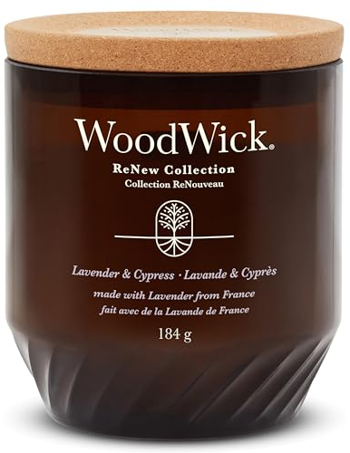 WoodWick ReNew Duftkerze mit knisterndem Docht | Mittelgroße Kerze in Lavender & Cypress | Pflanzliche Wachsmischung aus Soja & Kokosnuss | recycelte Materialien | Perfekte Geschenke für Frauen