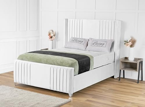 Living Comfort Bedz Velvetto Storage Ottoman Gas Lift With Vertical Lined Headboard | Elisa Wingback Double Size Plush Velvet Upholstery (White, Double Gas Lift)