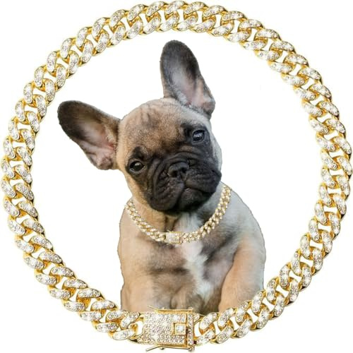 Goldenes Hundehalsband für große Hunde, glitzernde Hunde-Halskette, Glitzer, Strass, glitzernder Schmuck, Diamant-Metallkette, Cuban-Link-Hundehalsbänder für kleine, mittelgroße und große