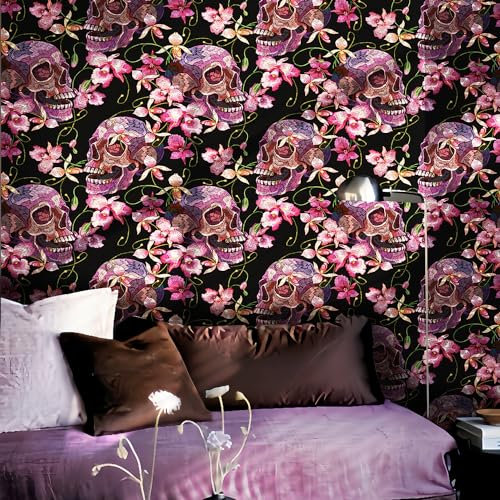 funlife Black Wallpaper Vintage Pattern Wall Mural Self Adhesive Furniture Sticker Art Deco Vinyl Stick Mystic Skull Wall Sticker 38.6cm x 100.6cm