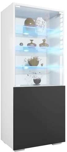 Vladon Vitrine Granada, Made in Germany, Vitrinenschrank mit Glastür und Glaseinsatz inkl. LED, Weiß matt/Schwarz matt (50 x 122,5 x 34,5 cm)