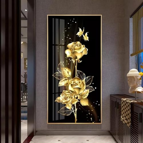 Goldene schwarze Blume, Rose, Schmetterling, abstraktes Poster, nordische Kunst, Pflanze, Leinwandmalerei, moderne Wandkunst, Bild für Heimdekoration, 30 x 60 cm, rahmenlos