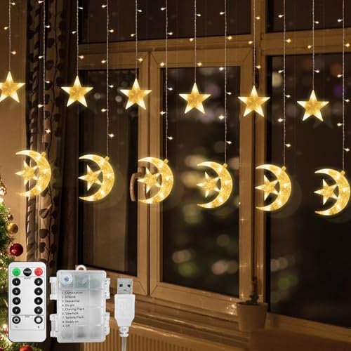 Jsdoin Ramadan LED String Lights 3.5M LED Stars Moon Curtain Lights Christmas String Fairy Lights with USB+Battery-Powered and 8 Flashing Modes for Ramadan, Wedding Decoration (Warm White)