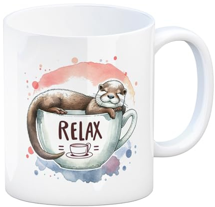 Schlafender Otter Kaffeebecher mit Spruch Relax Tasse Perfekt fürs Schlafen und Entspannen auf Sofa oder Couch Becher mit schlafendem Otter und Text