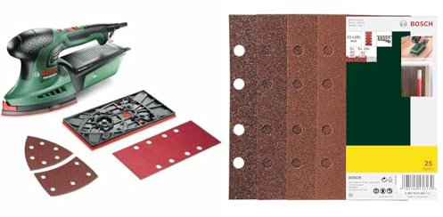 Bosch Multiponceuse PSM 200 AES (200 watts, en coffret) + 25 feuilles abrasives Set-1, différents matériaux pour ponceuses vibrantes (grain 40/60/80/120, 8 trous)