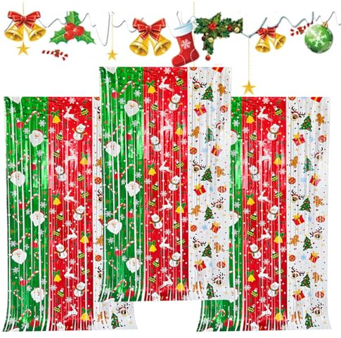 Dorclife 3Pcs Christmas Tinsel Curtains 3M Xmas Glitter Streamers Santa Claus Snowman Christmas Tree Gingerbread Man Foil Curtain Door Curtain Party Backdrop for Xmas Party Decorations (Color A)