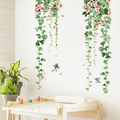 COVPAW Wandtattoo Tropische Pflanzen Papagei Blätter Wandaufkleber Baum Vogel Hängende Pflanzen Grün Wandsticker Kinderzimmer Wohnzimmer Schlafzimmer Flur Wanddeko (WFLOWERVINE)