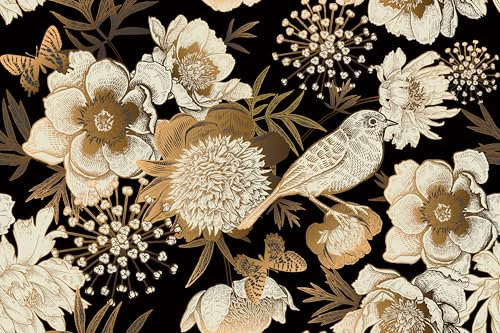 SOEWIOU Peel and Stick Wallpaper,44.5×300cm Golden Floral Wallpaper,Black Background Wallpaper,Vintage Gold Floral Birds Wallpaper,Waterproof Self Adhesive Wallpaper for Bedroom Cupboard Walls
