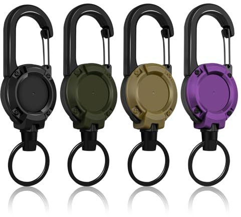 Llavero extensible, 4 unidades, cordón extensible JoJo con cuerda de alambre de acero de 60 cm, llavero retráctil, soporte para tarjetas de identificación extensible con mosquetón grande
