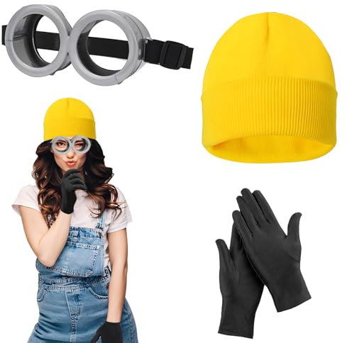 Halloween Kostüm Cosplay für Erwachsene Kinder, Kostüm Zubehör mit Steampunk Brille, Gelbe Mütze, Schwarze Handschuhe, Karneval Film Kostüm für Damen Herren Kinder