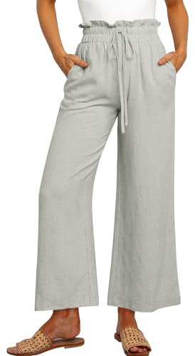 Cindeyar Leinenhose Damen Hosen Sommer Casual Leichte Palazzo Hohe Taille Einfarbig Leinen Freizeithose Sommerhose Mit Taschen und Tunnelzug (Dunkelgrau, XL)